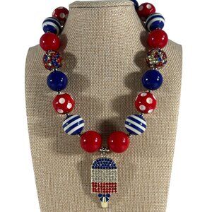 Patriotic Popsicle Beaded Rhinestones Necklace Fourth of July Chunky Colorful